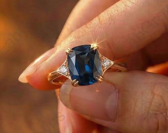 14K Rose Gold Engagement Ring, Elongated Cushion Cut Blue Green Sapphire Ring, Three Stone Promise Ring, Double Prong Setting Proposal Ring.