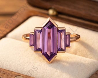Purple Hexagon Cut Amethyst Promise Ring With Baguette Side Stones, Classic Five Stone Engagement Ring, 14K Rose Gold Anniversary Ring.