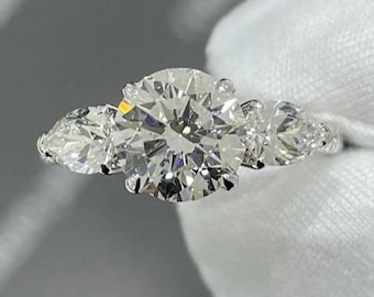 18K White Gold Three Stone Ring, 1.0 Ct Lab Grown Diamond, Pear Side Stones