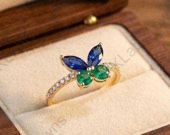 Blue & Green Emerald Butterfly Ring, Marquise Cut Sapphire Engagement Ring, 18K Yellow Gold Half Eternity Ring, Nature Inspired Jewelry Gift