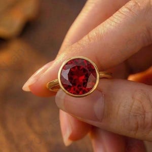 Red Ruby Engagement Ring, Round Cut Proposal Ring, Unique Full Bezel Setting Anniversary Ring, 10K Yellow Gold Proposal Ring, Bridal Gifts.