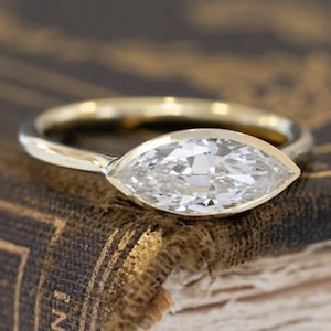 East West Solitaire Lab Grown Marquise Cut Engagement Ring Wedding Ring Bezel Set Anniversary Ring Diamond Ring, Gift Ring, Trendy Ring