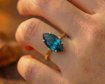 Solitaire Ring, Marquise Cut Blue Topaz Engagement Ring, Classic 4 Prong Setting Anniversary Ring, 18K Yellow Gold Wedding Proposal Ring.
