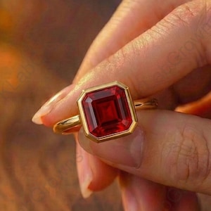 Red Ruby Solitaire Ring, Asscher Cut Proposal Ring, Unique Bezel Setting Engagement Ring, 14K Solid Yellow Gold Promise Ring, Wedding Ring.