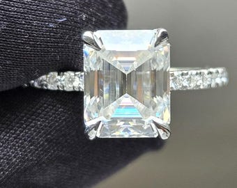 1.5 Ct Emerald Cut Lab Grown Wedding Ring, Hidden Halo Proposal Ring, 18K White Gold Engagement Ring, Classic Prong Setting Anniversary Ring