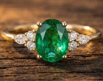 Oval Cut Green Emerald Engagement Ring With Marquise & Round Side Stones, 10K Yellow Gold Anniversary Ring, Cluster Diamond Wedding Ring.