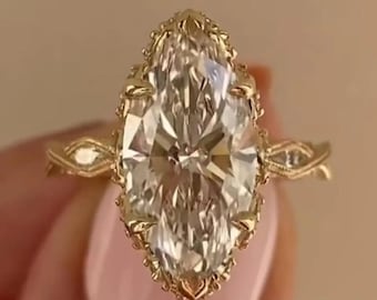 Marquise Lab Diamond Engagement Ring: Vintage Gold Hidden Halo