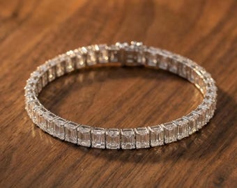 3/2 mm Emerald Cut Lab Grown Diamond Tennis Bracelet, 14K White Gold Prong Setting Tennis Bracelet, 10-12 CTW Tennis Bracelet Gift For Her.