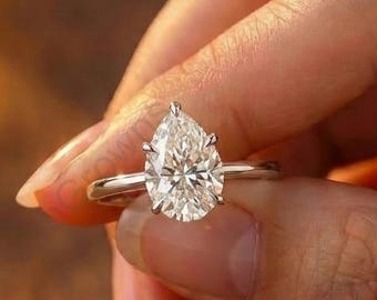 2.0 Ct Pear Cut Lab Grown Promise Ring, Solitaire 6 Prong Setting Anniversary Ring, 10K White Gold Engagement Ring, Birthday Gift for Her.