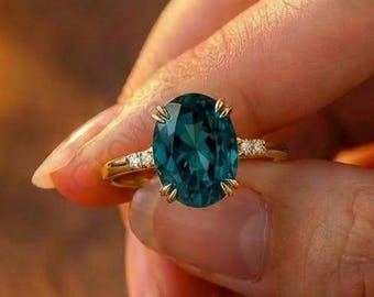 18K Yellow Gold Proposal Ring, Oval Cut Green Blue Tourmaline Bridal Ring, Side Round Diamond Engagement Ring, Double Prong Set Bridal Ring.
