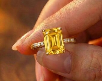Emerald Cut Yellow Sapphire Solitaire Ring, September Birthstone Jewelry, 10K Solid Yellow Gold Anniversary Ring, Prong Setting Bridal Ring.