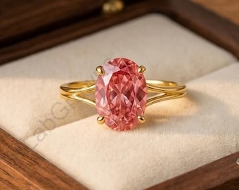 Split Shank Wedding Ring, Pink Oval Cut Sapphire Engagement Ring, Prong Setting Gold Ring, 14K Solid Yellow Gold Gemstone Jewelry Gift.