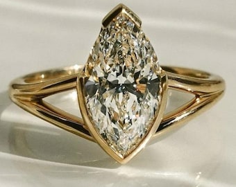 14k Gold Half Bezel Lab Grown Marquise Cut Bridal Ring