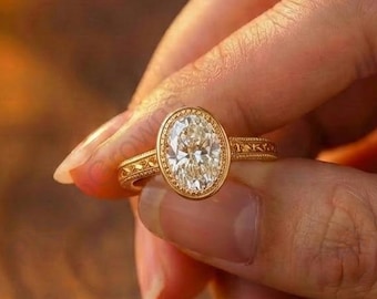 Vintage Promise Ring, Milgrain Bezel Setting Proposal Ring, 2.0 Ct Oval Cut Lab Grown Engagement Ring,18K Solid Yellow Gold Anniversary Ring