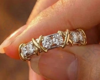 X Prong Setting Classic Wedding Band, Round Cut Lab Grown Engagement Ring, 18K Gold Two Tone Unique Proposal Ring, Full Eternity Bridal Band