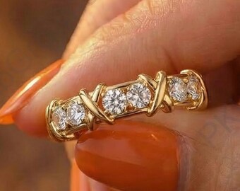 14K Yellow Gold Crossover Eternity Wedding Band, Round Cut Moissanite Proposal Ring, Classic Full Eternity X Prong Setting Engagement Ring.