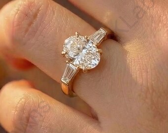 14K Solid White Gold Promise Ring, Three Stone Proposal Ring, 2.0 Ct Oval Cut Moissanite Engagement Ring With Tapered Baguette Side Diamond.