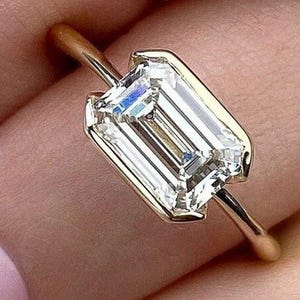 Half Bezel Set Unique Ring, 2.5 Ct Emerald Cut Lab Diamond Anniversary Ring, 18K Solid Yellow Gold Wedding Ring, East West Anniversary Ring.