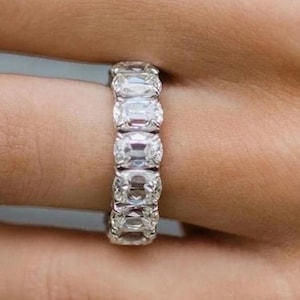 Elongated Cushion Cut Lab Diamond Wedding Band, Prong Setting Engagement Band, 14K Solid White Gold Anniversary Band, Full Eternity Band.