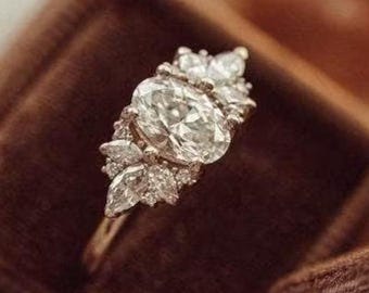 Cluster Lab Grown Diamond Engagement Ring: 18K Rose Gold Marquise Wedding Band