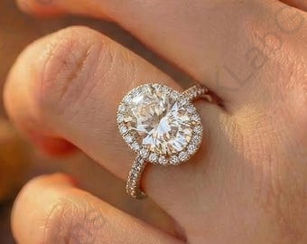 1.5 Ct Oval Cut Lab Grown Engagement Ring, 3/4 Half Eternity Wedding Ring,14K White Gold Anniversary Ring, Unique Diamond Halo Promise Ring.