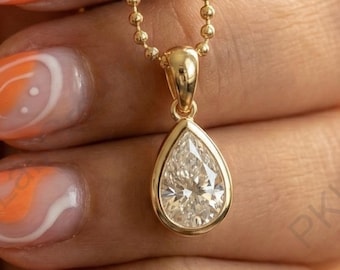 18K Yellow Gold Bezel Setting Pendant,2.0 Ct Pear Cut Lab Grown Wedding Pendant,Solitaire Diamond Women Only Pendant,Classic Bridal Jewelry.