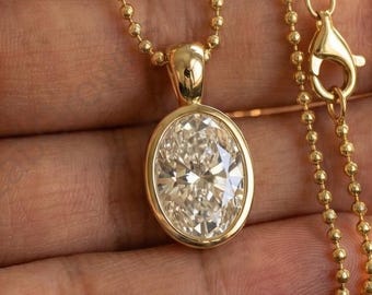 3.0 Ct Oval Cut Moissanite Pendant, Unique Bezel Setting Gold Jewelry Gift for Her, 10K Yellow Gold Daily Wear Pendant, Elegant Diamond Look