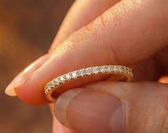 18K Solid Yellow Gold Promise Ring, Round Cut Moissanite Wedding Band, Pave Setting Engagement Ring, Half Eternity Anniversary Gift For Her.
