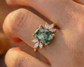 Emerald Cut Green Stone Wedding Ring, Moss Agate Promise Ring, 14K Yellow Gold Bridal Ring, Cluster Diamond Proposal Ring, Handmade Gift.
