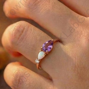 10K Rose Gold Anniversary Ring, Pear Cut Amethyst & Opal Promise Ring, Dainty Engagement Promise Ring,Minimalist Wedding Bridal Ring For Her