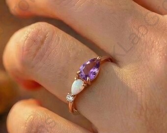 10K Rose Gold Anniversary Ring, Pear Cut Amethyst & Opal Promise Ring, Dainty Engagement Promise Ring,Minimalist Wedding Bridal Ring For Her