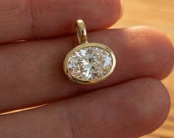 2.0 Ct East West Oval Lab Grown Pendant, Unique Bezel Setting Anniversary Gift, Unique Only Pendant For Women, 18K Solid Yellow Gold Pendant