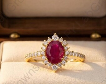 10K Yellow Gold Wedding Ring, Pink Oval Cut Ruby Promise Ring, Star Halo Anniversary Ring, Vintage Inspired Bridal Ring, July Birthstone.