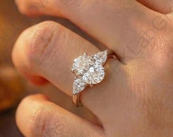 2.0 Ct Oval Cut Lab Grown Bridal Ring With Side Pear Diamond, 14K Solid White Gold 3 Stone Engagement Ring,Prong Setting Dainty Promise Ring