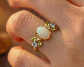 Oval Cut Opal Wedding Ring, 14K Solid Yellow Gold Proposal Ring, Marquise & Pear Cut Side Stones, Cluster Diamond Women Engagement Jewelry.