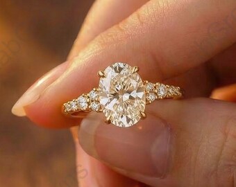 Unique Cluster Diamond Bridal Ring, 2.0 Ct Oval Cut Lab Grown Wedding Ring, Prong Setting Classic Engagement Ring, 14K Yellow Gold Ring.