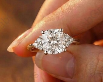 1.5 Ct Cushion Cut Moissanite Proposal Ring, Cluster Diamond Wedding Ring, Prong Setting Engagement Ring, 18K White Gold Anniversary Gift.