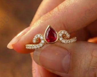 Pear Cut Red Garnet Bridal Ring, Unique Design Band Engagement Ring, January Birthstone Jewelry, 18K Yellow Gold Promise Ring, Handmade Ring