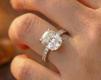 18K White Gold Anniversary Ring, 1.5 Ct Cushion Cut moissanite Engagement Ring, 3/4 half Eternity Wedding Ring, Prong Setting Classic Ring.