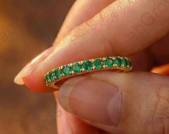 Full Eternity Proposal Band, Round Cut Green Emerald Anniversary Ring,Minimal Stackable Wedding Band, 10K Yellow Gold Dainty Engagement Ring