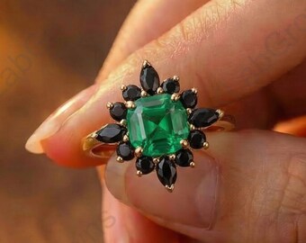 Cushion Cut Green Emerald Engagement Ring, Black Onyx Halo Ring, Statement Floral Ring, Prong Setting Proposal Ring, 10K Yellow Gold Ring.