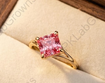 18K Yellow Gold Proposal Ring, Split Shank Wedding Ring, Princess Cut Pink Sapphire Engagement Ring, Solitaire Diamond Anniversary Gift.