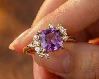 10K Yellow Gold Bridal Ring, Princess Cut Amethyst Ring, Purple Gemstone Gold Ring, February Birthstone Jewelry, Unique Cluster Diamond Ring