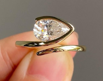 East West Diamond Ring, 1.5 Ct Pear Cut Moissanite Wedding Ring, Half Bezel Setting Anniversary Ring, 14K Solid Yellow Gold Engagement Ring.