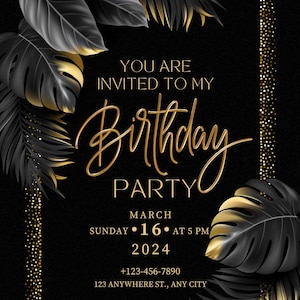 Invitation d'anniversaire élégante noir or - modèle de toile à éditer - invitation numérique à imprimer - invitation à une fête téléchargement PDF