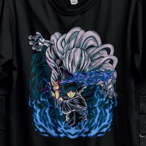 May include: Black t-shirt featuring a detailed anime-style graphic of a character with blue energy effects. The shirt is hanging on a black hanger. The Stitch Aura logo is visible.