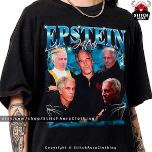 Puede incluir: Camiseta negra con un diseño gráfico azul que dice "EPSTEIN" y "Jeffrey". El diseño incluye múltiples imágenes de un hombre, con acentos de rayos y el texto "Copyright © StitchAuraClothing".