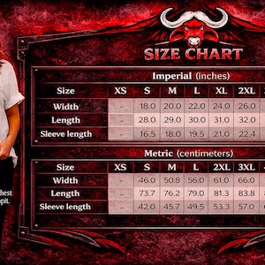 May include: A white t-shirt with a size chart in inches and centimeters. The chart displays measurements for width, length, and sleeve length, ranging from XS to 5XL. The image also shows a woman wearing a white t-shirt.