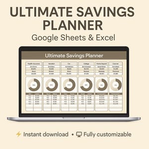 Puede incluir: Un ordenador portátil que muestra una plantilla de planificador de ahorro. La pantalla muestra una hoja de cálculo con categorías como seguro médico y vacaciones, con gráficos y datos financieros. El texto superior dice "ULTIMATE SAVINGS PLANNER".