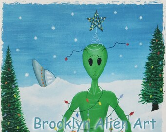 Alien Christmas Card, Unique Christmas Card, Funny Christmas Card, Alien Art, Alien Gift, Roswell Aliens, Brooklyn Alien Art, Unique Art